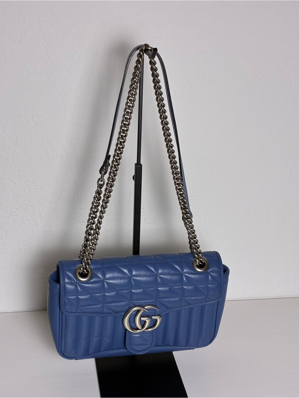 Gucci Blue Quilted Leather Shoulder Bag with Silver Double G Chain